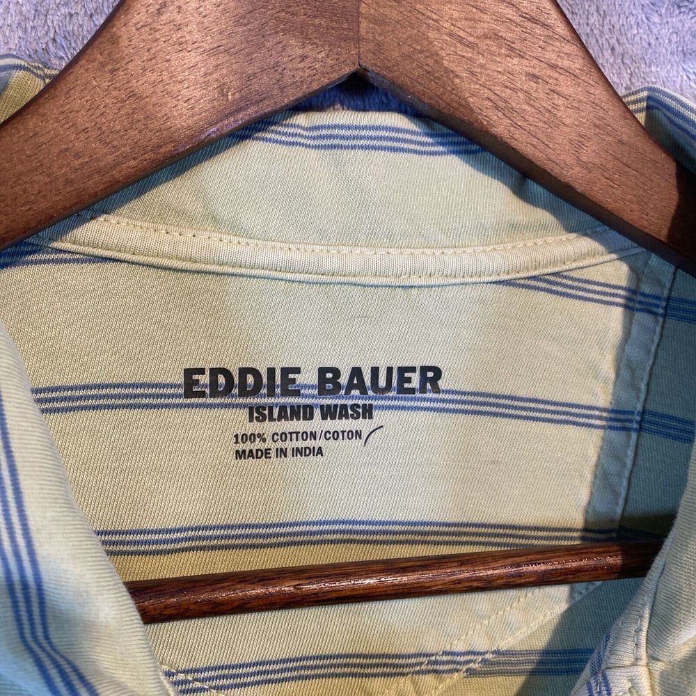Eddie Bauer Men's Sz L Rugby Shirt Lime Color Short Sleeve Blue Stripes Preppy - Picture 3 of 11
